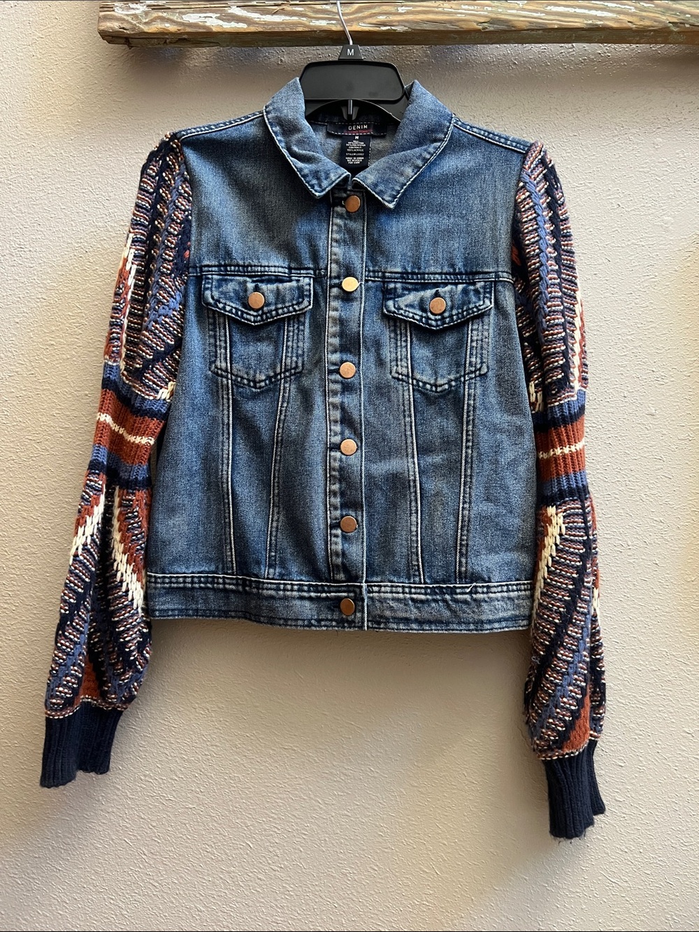 Flying Tomato Blue Denim Jacket with Navy and Rust Knit Sleeves